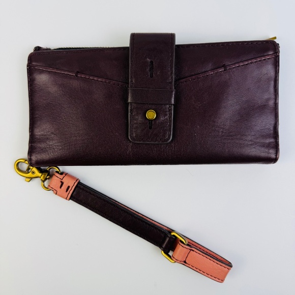Fossil Willa Slim Tab Claret Red Geniune Cowhide Leather Wristlet Wallet *READ* - Picture 1 of 5